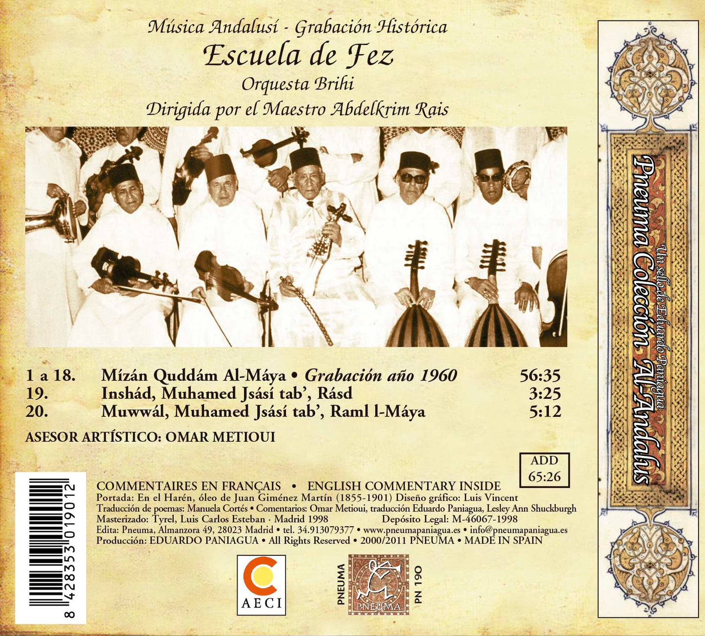 PN 190 ESCUELA DE FEZ,   MÚSICA ANDALUSÍ, GRABACIÓN HISTÓRICA