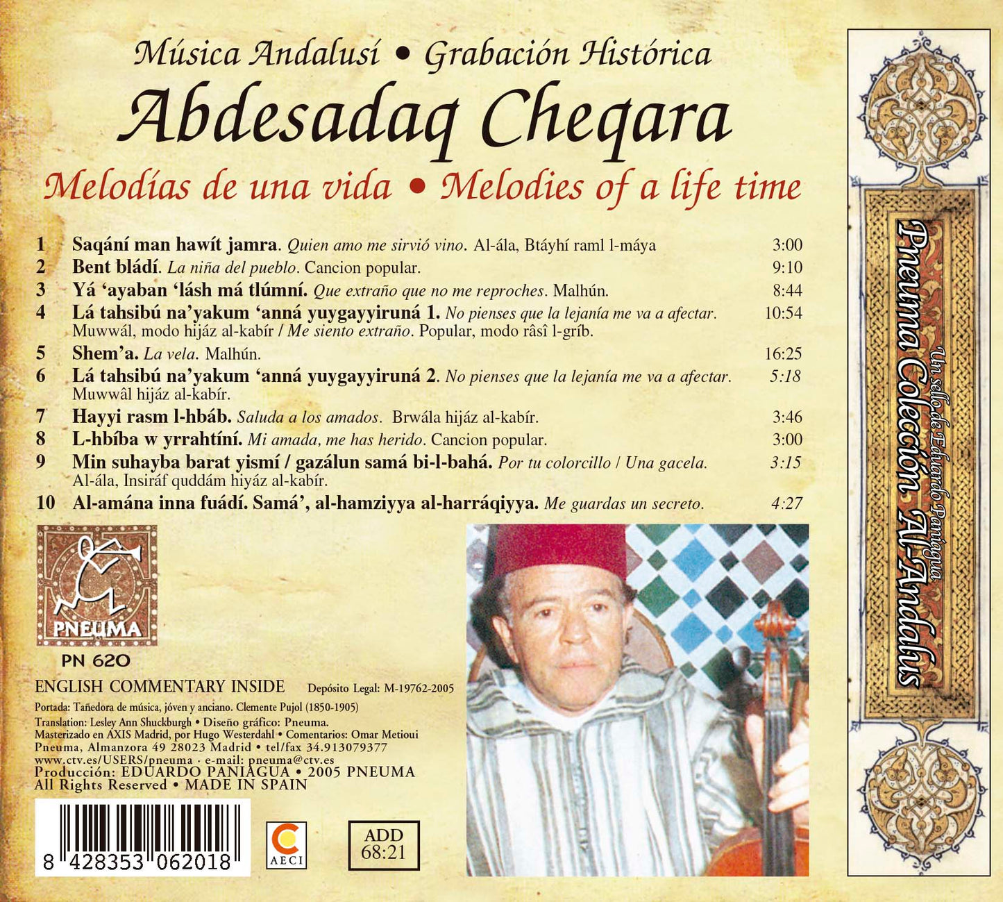 PN 620 ABDESADAQ CHEQARA,  MÚSICA ANDALUSÍ, GRABACIÓN HISTÓRICA