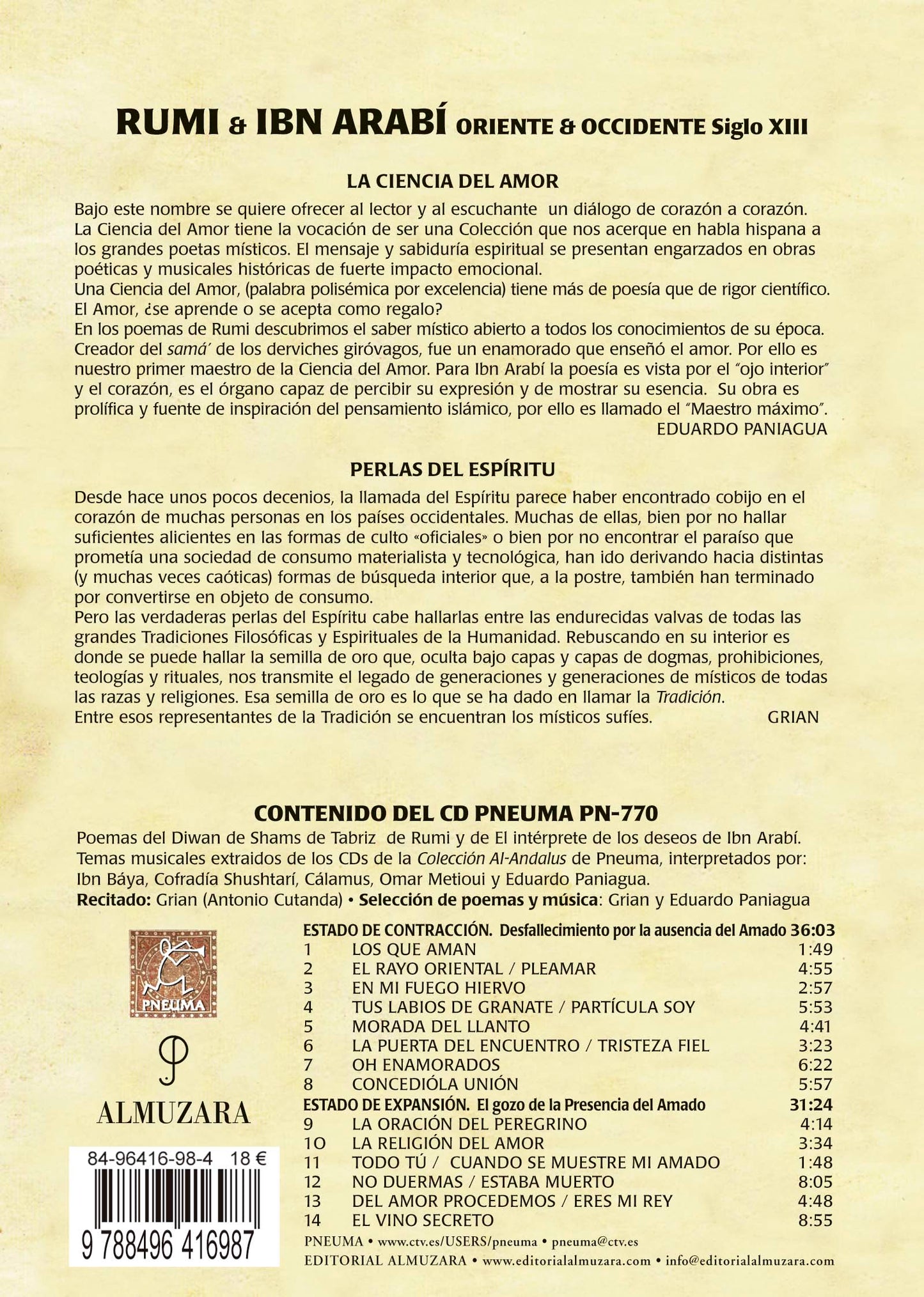 PN 770 RUMI-IBN ARABÍ. ORIENTE & OCCIDENTE Siglo XIII (libro-disco Almuzara)