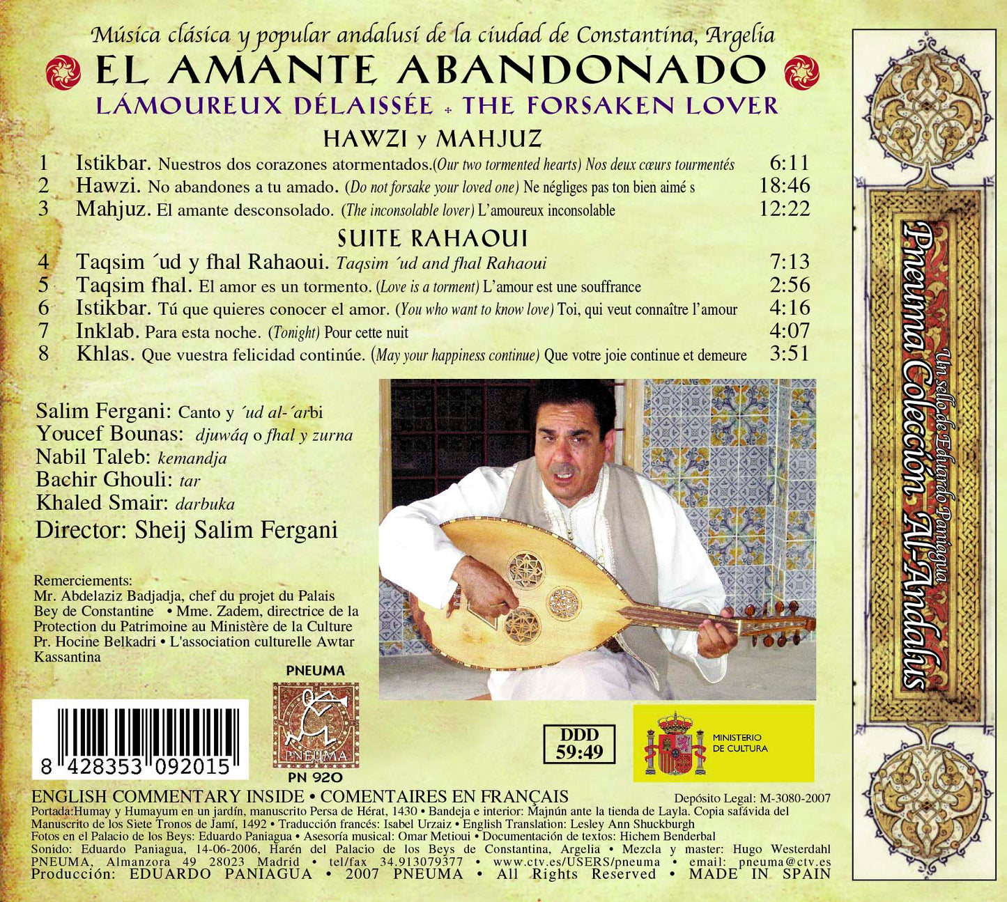 PN 920 EL AMANTE ABANDONADO,  ARGELIA ANDALUSÍ. HAWZI Y MAHJUZ Música clásica y popular andalusí de la ciudad de Constantina, Argelia